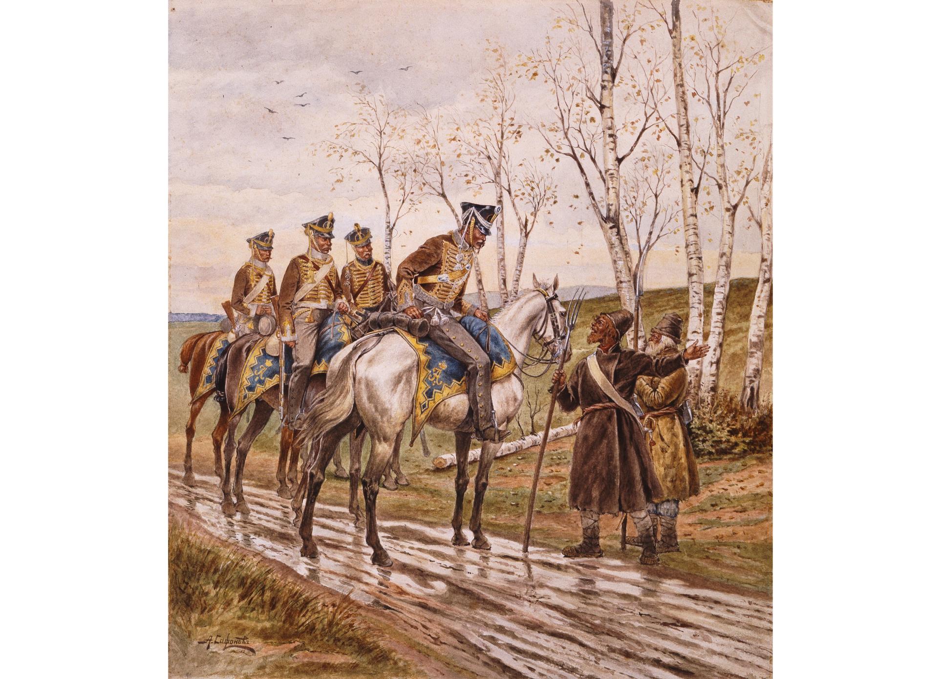 Зал №2. Рисунок «Гусарский разъезд в разведке в 1812 году». Сафонов А.П.