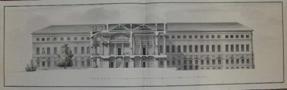 Чертеж. Проект "Большого и Красивого дома" Н.П.Шереметева на Никольской улице в Москве. Боковой фасад и разрезы ротонды и парадных залов. Около 1792. Кваренги Дж.