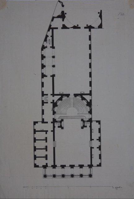 Чертеж. Проект "Большого и Красивого дома" Н.П.Шереметева на Никольской улице в Москве. План левого корпуса с театром. Около 1792. Кваренги Дж.
