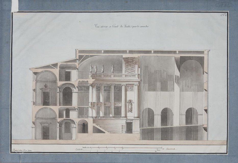 Чертеж. Проект "Большого и Красивого дома" Н.П.Шереметева на Никольской улице в Москве. Продольный разрез театра. 1792. Стерн Р.