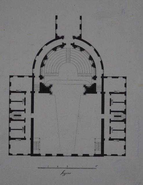 Чертеж. Проект "Большого и Красивого дома" Н.П.Шереметева на Никольской улице в Москве. План театрального зала. Около 1792. Кваренги Дж.