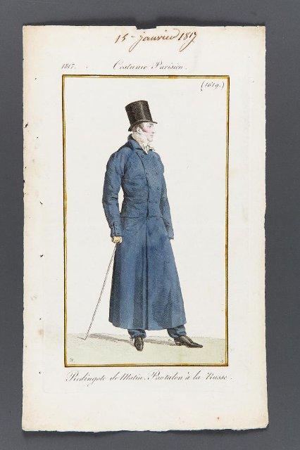 Гравюра. Лист из журнала «Парижский костюм» - с изображением молодого мужчины в синем рединготе, в цилиндре, с тростью. 1817 г.