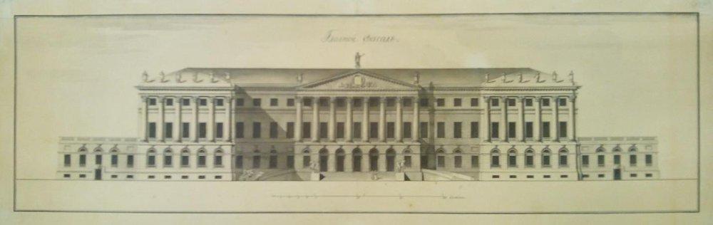 Чертеж. Проект "Большого и Красивого дома" Н.П.Шереметева на Никольской улице в Москве. Главный фасад. Около 1792. Кваренги Дж.