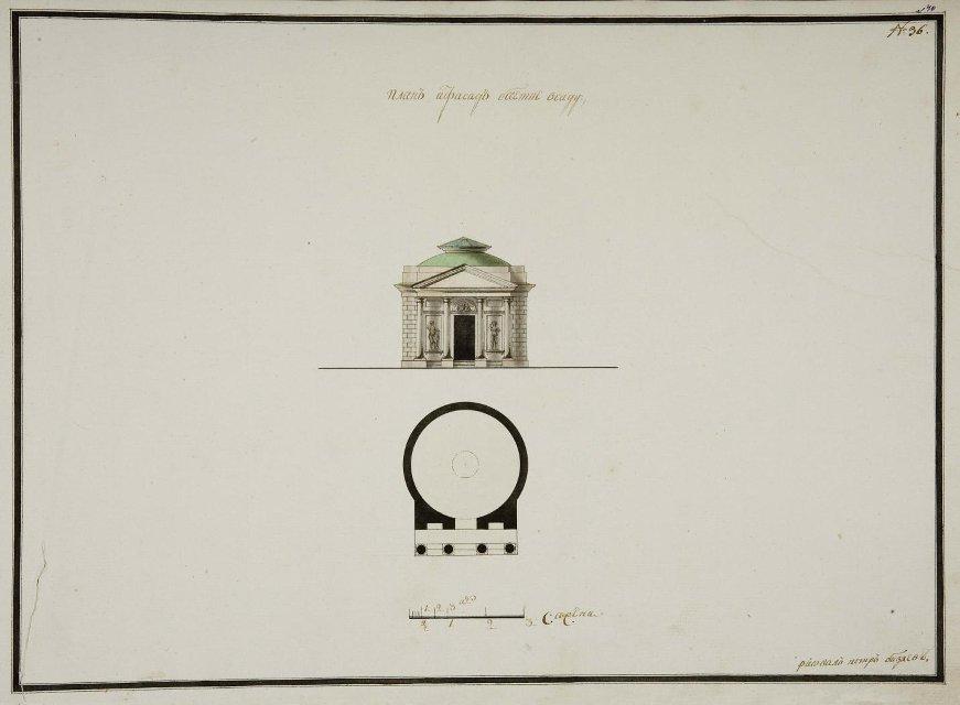 Чертеж. Фасад и план беседки в Останкине. Фиксационный чертеж. 1793-1794. Бизяев П.А.