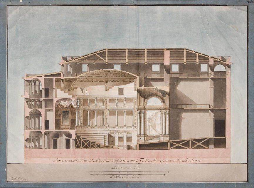 Чертеж. Проект "Большого и Красивого дома" Н.П.Шереметева на Никольской улице в Москве. Продольный разрез через театр
1792. Стерн Р.