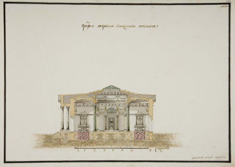 Чертеж. Поперечный разрез Египетского павильона Останкинского дворца. Вид на восток. Фиксационный чертеж. 1794-1795. Бизяев П.А.