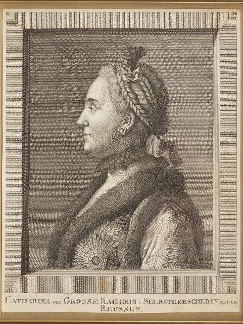 Гравюра. "Catherina die Grosse Kaiserin V. Selbstherscherin aller Reussen" - Екатерина Великая, правительница, самодержица всей России. Портрет выгравирован с оригинала П. Ротари. XVIII век. Чемесов Е.П., Ротари П.