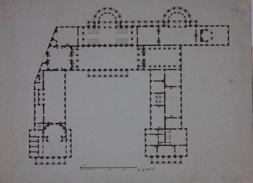 Чертеж. Проект "Большого и Красивого дома" Н.П.Шереметева на Никольской улице в Москве. План верхнего этажа. Вариант. Около 1792. Кваренги Дж.