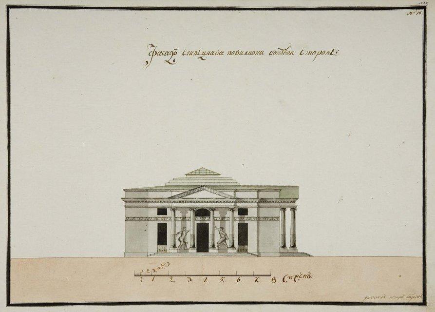 Чертеж. Восточный фасад Египетского павильона Останкинского дворца. Фиксационный чертеж. 1794-1795. Бизяев П.А.