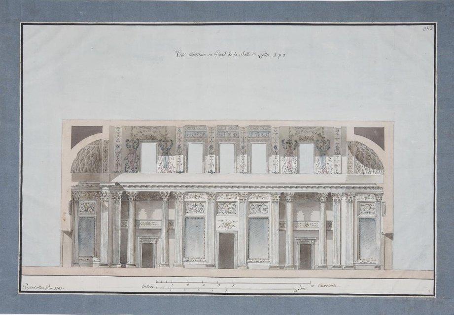 Чертеж. Проект "Большого и Красивого дома" Н.П.Шереметева на Никольской улице в Москве. Продольный разрез парадного зала. 1792. Стерн Р.