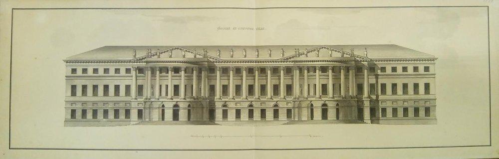 Чертеж. Проект "Большого и Красивого дома" Н.П.Шереметева на Никольской улице в Москве. Фасад со стороны сада. Около 1792. Кваренги Дж.