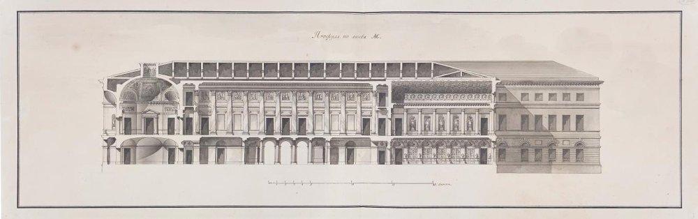 Чертеж. Проект "Большого и Красивого дома" Н.П.Шереметева на Никольской улице в Москве. Разрез парадных залов. Около 1792. Кваренги Дж.