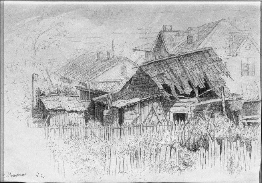 Рисунок. Город Мышкин. Старые крыши. 1970 г. Шилов А.М.