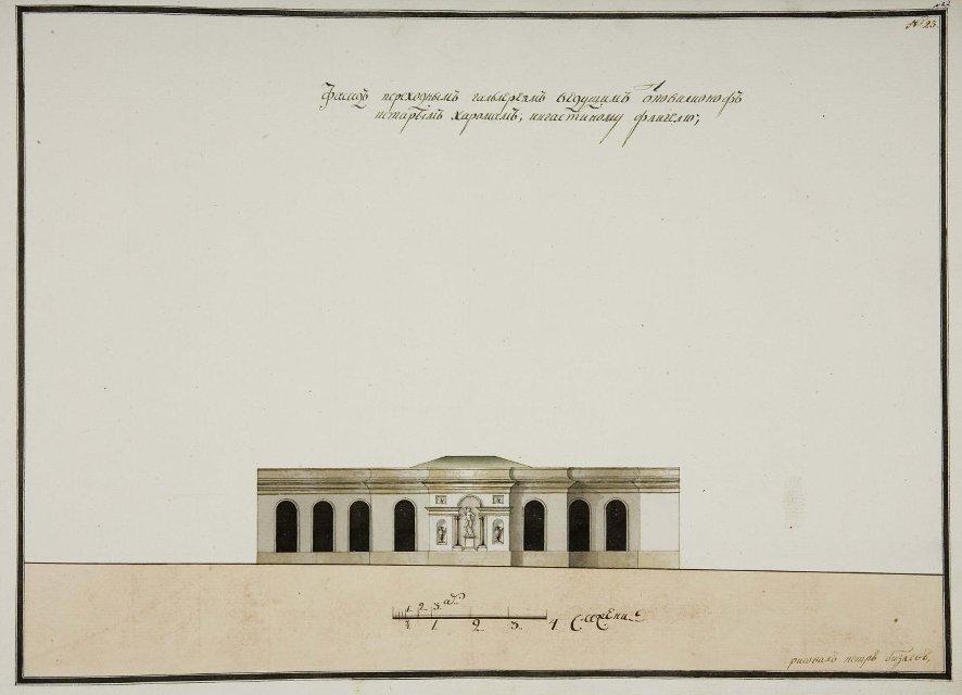 Чертеж. Фасад проходной галереи от павильонов к Старым хоромам и к Гостиному флигелю Останкинского дворца. Фиксационный чертеж. 1794-1795. Бизяев П.А.