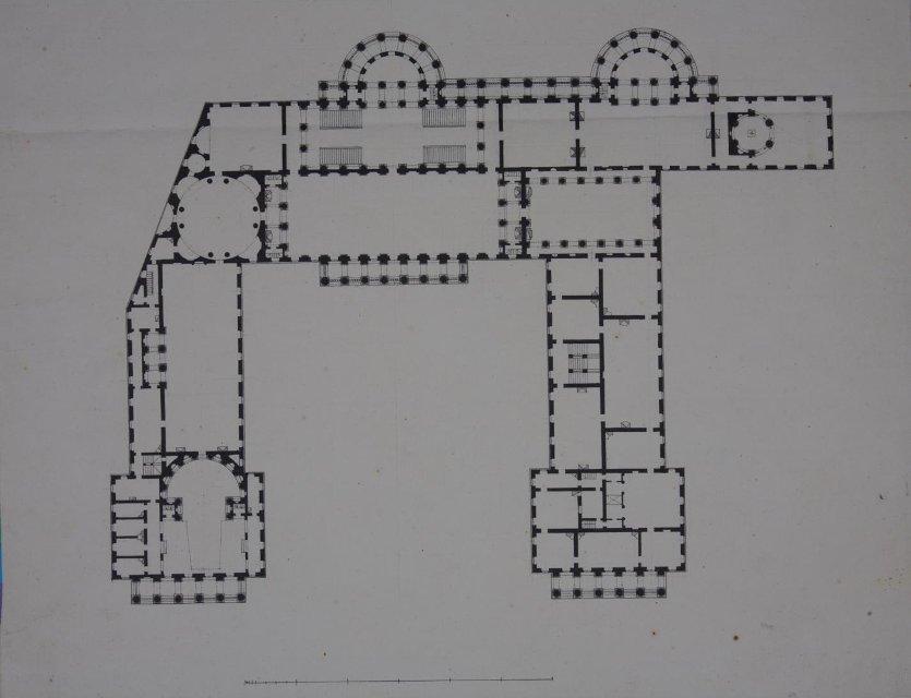 Чертеж. Проект "Большого и Красивого дома" Н.П.Шереметева на Никольской улице в Москве. План верхнего этажа. Вариант. Около 1792. Кваренги Дж.