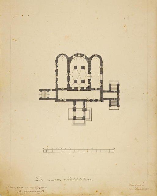 Чертеж. План подклета храма Живоначальной Троицы в Останкине. Фиксационный чертеж. 1890-е. Султанов Н.В., Дитрих А.И.