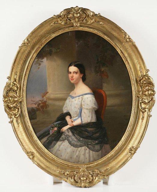 Картина. "Портрет неизвестной с букетом роз" 1859 г. Иебенс А.
