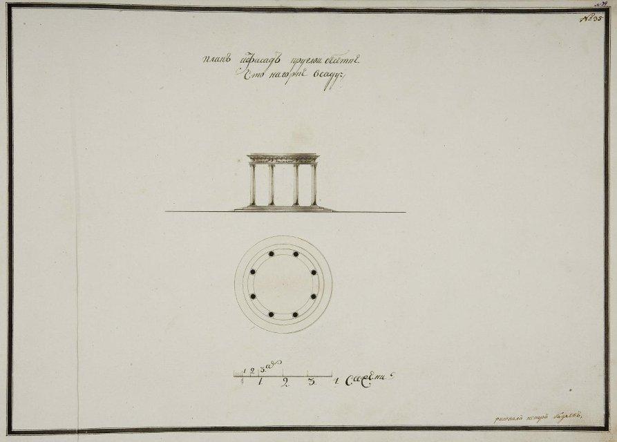 Чертеж. Внешний вид и план беседки на горке в Останкине. Фиксационный чертеж. 1795-1796. Бизяев П.А.