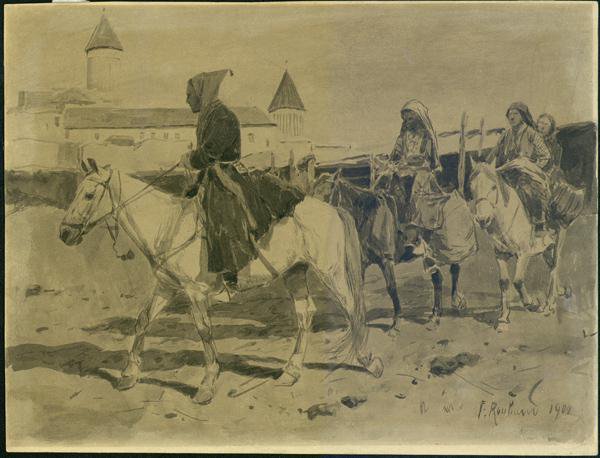 Рисунок. Горцы на фоне монастыря. 1900 год. Рубо Ф.А.